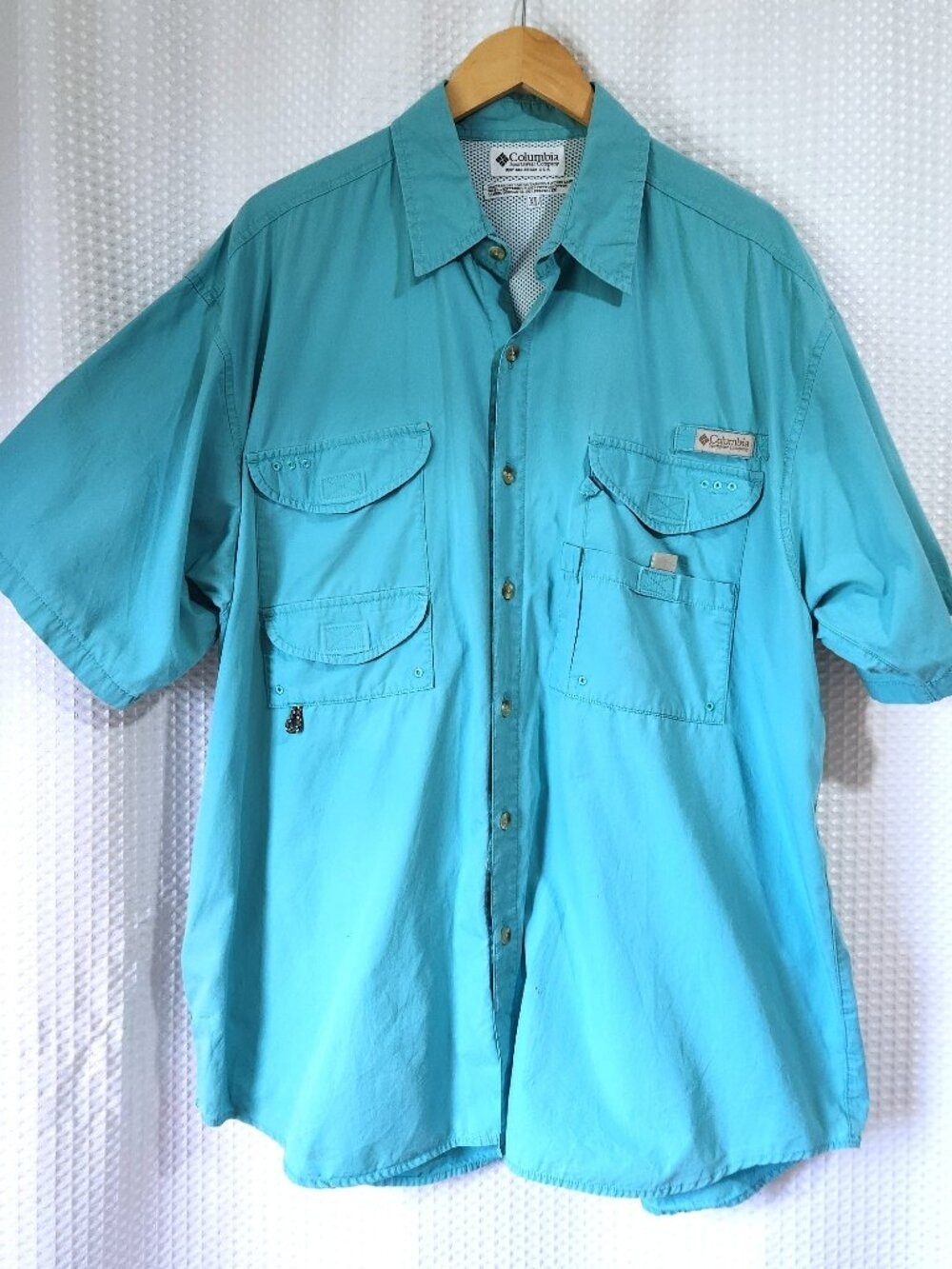 Vintage 1998 Columbia PFG Teal Cotton Fishing Shirt Vent Short Sleeve XL Stains
